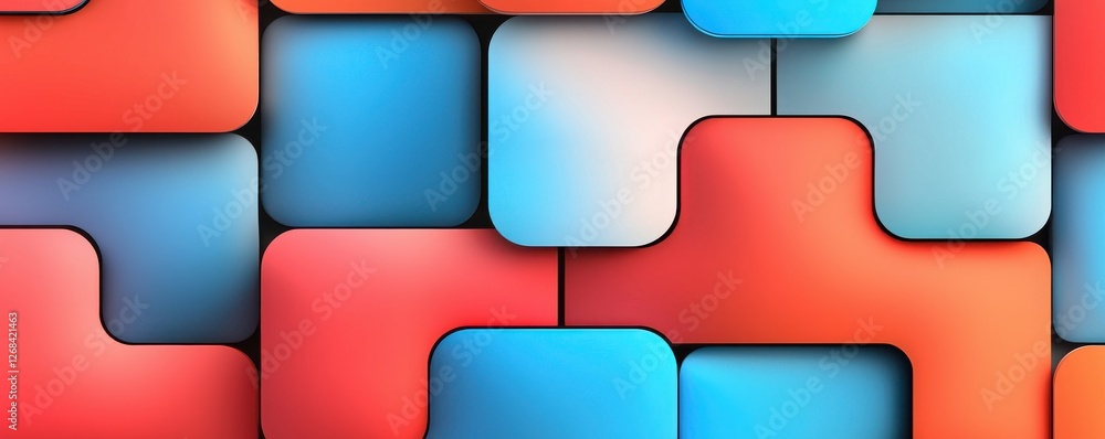 Poster a vibrant, abstract background featuring interconnected blue and red geometric shapes, creating a vi