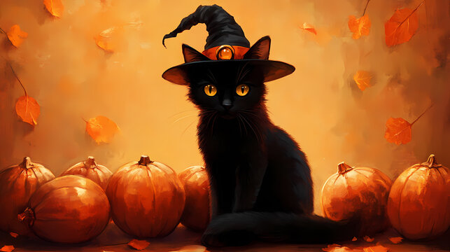 Un gato negro con un sombrero de bruja se sienta frente a calabazas aisladas sobre un fondo naranja. Void-Touched Sorcerers. Illustration