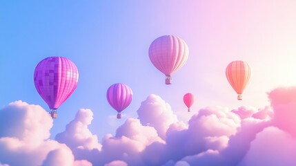 Colorful hot air balloons soar above fluffy clouds at sunrise; idyllic travel background