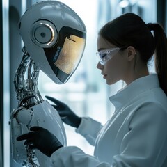 Fototapeta premium Scientist examines robot, lab, futuristic background, technology research