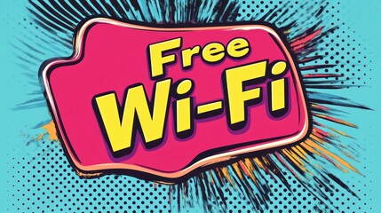 Free Wi-Fi sign, vibrant pop art style, blue background, internet access