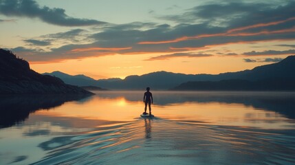 Man eFoiling at sunset, fjord, calm water, mountains