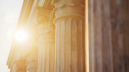 Supreme Court building at sunset, glowing golden light reflecting on marble facade, Generative AI