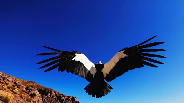 Majestic condor soaring over rocky landscape with clear blue sky