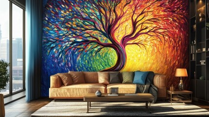 Vibrant Abstract Tree of Life Wall Art in Modern Living Room Interior Design