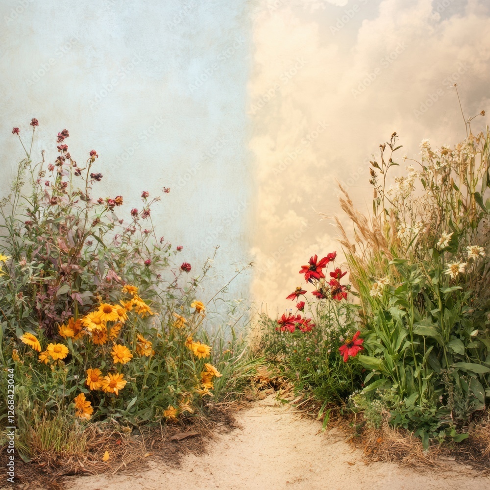Poster bright wildflowers bloom along a path under a sunny sky with clouds in soft focus during late aftern