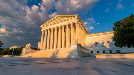 Supreme Court building at sunset, glowing golden light reflecting on marble facade, Generative AI