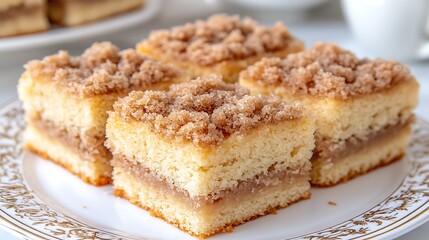A rich coffee cake with brown sugar streusel topping, softly blurred kitchen tiles in the background.