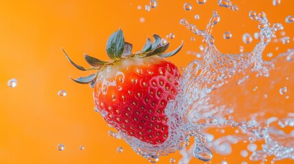Strawberry splashing in water, orange background, fresh fruit, healthy food, advertisement