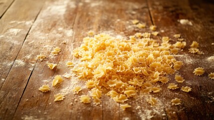 Uncooked farfalle pasta scattered on a wooden surface dusted with flour.