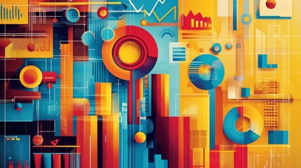 Obraz premium A vibrant infographic with business-themed illustrations like graphs and bar charts. Stock photo