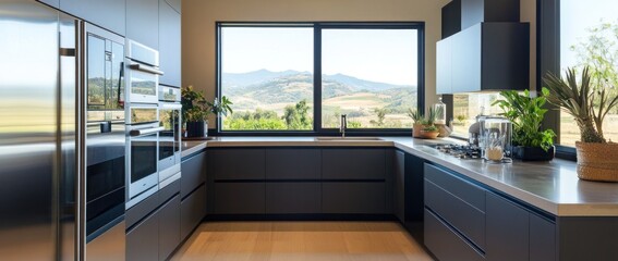 Fototapeta premium Modern Kitchen with Stunning Mountain View