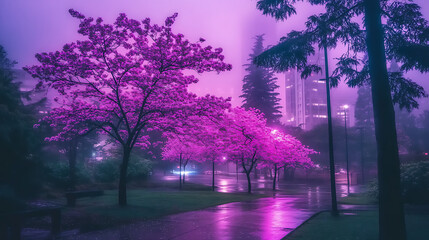 Obraz premium Misty City Park Avenue with Cherry Blossom Trees at Night in Foggy Ambient Purple Huescape