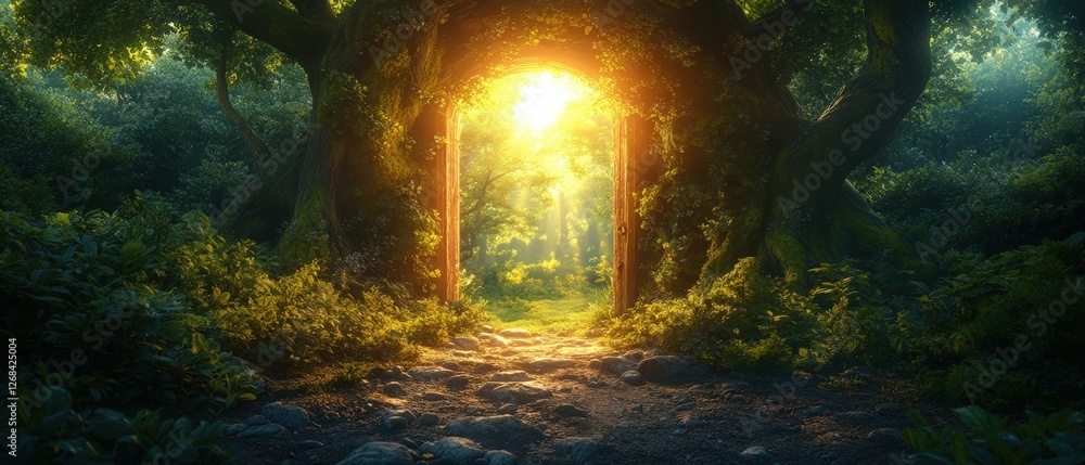 Poster path through a forest with bright light and mysterious doorway opening into a magical scene