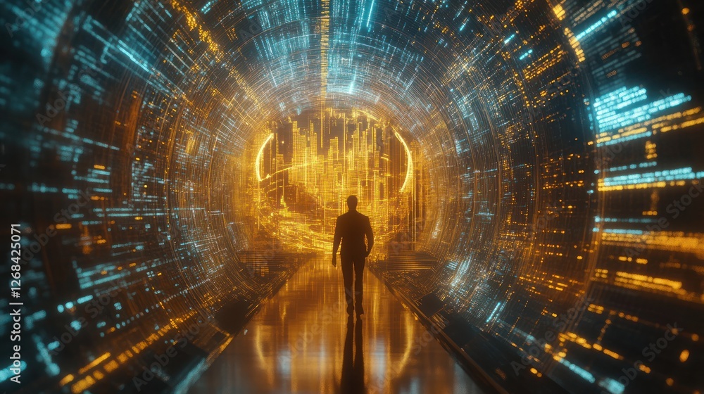 Poster man walking through futuristic data tunnel.
