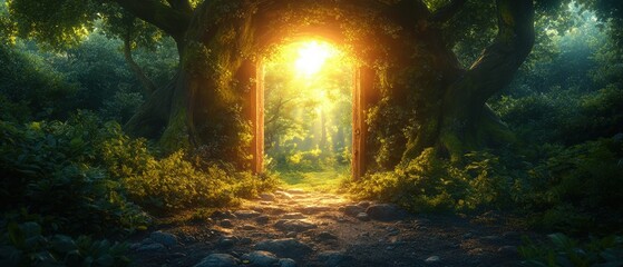Path through a forest with bright light and mysterious doorway opening into a magical scene