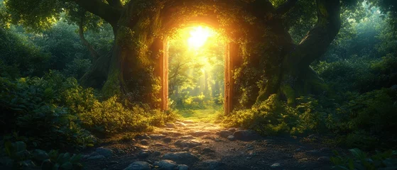 Schilderijen op glas Path through a forest with bright light and mysterious doorway opening into a magical scene © Watcharaporn