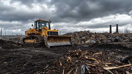 Fototapeta premium Bulldozer at Demolition Site: Heavy Machinery Clearing Debris in Industrial Setting
