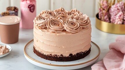 A simple buttercream cake with piped rosettes, softly blurred party decorations behind.
