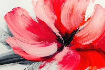 Vibrant red and pink abstract flower painting, showcasing bold brush strokes and dynamic texture, perfect for modern decor and aesthetic appeal
