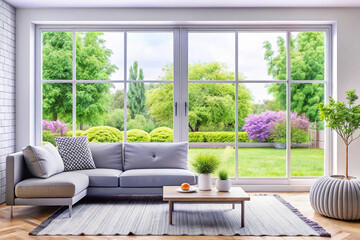 Modern living room, garden view, sunlight, interior design, home staging