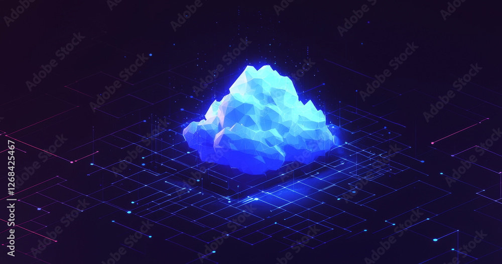 Poster abstract blue digital mountain in futuristic cyber environment with glowing elements and geometric p