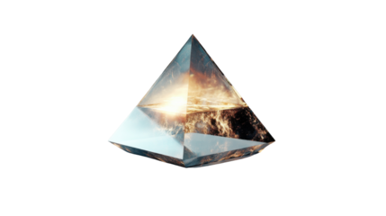 Glass pyramid containing dramatic sunset over stormy ocean on transparent background