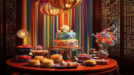 Festive Chinese Mooncake and cake display.