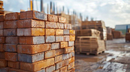 Stacks of clay bricks with earthy textures symbolize construction and stability, blending modern and raw elements, offering a bright, blurred background with space for empty captions or messages.

