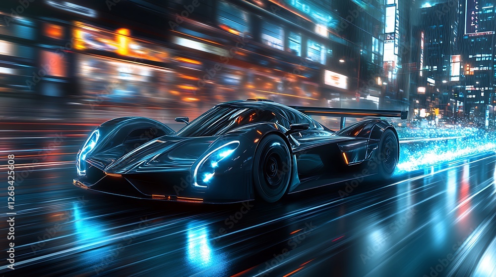 Poster futuristic electric hypercar racing through a neon-lit environment in a dynamic image.