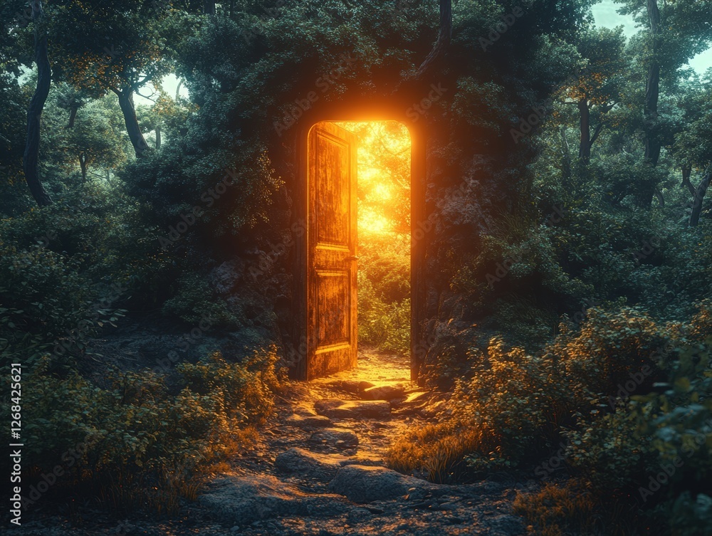 Poster doorway in a forest with light shining through creating a mystical atmosphere and enchanting scenery