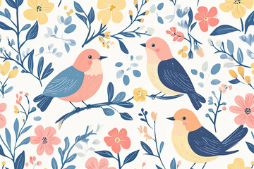 Fototapeta premium A whimsical illustration featuring colorful birds amidst floral patterns.