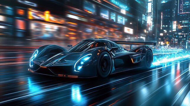 Futuristic electric hypercar racing through a neon-lit environment in a dynamic image.