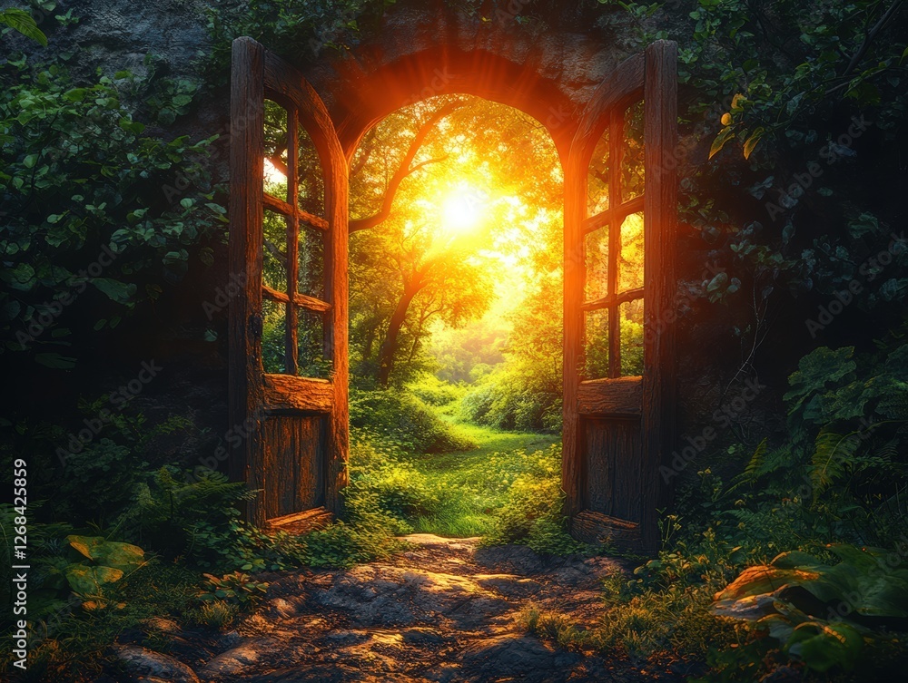 Poster doorway in a forest with sunlight shining through creating a mystical atmosphere in nature