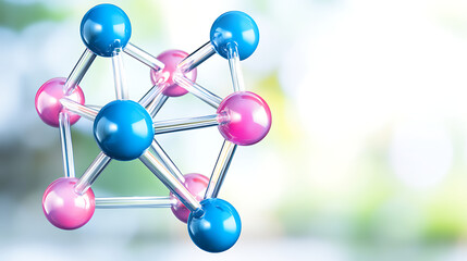 Obraz premium Molecular Structure with Spheres and Connecting Rods on a Light Green and White Blurred Background