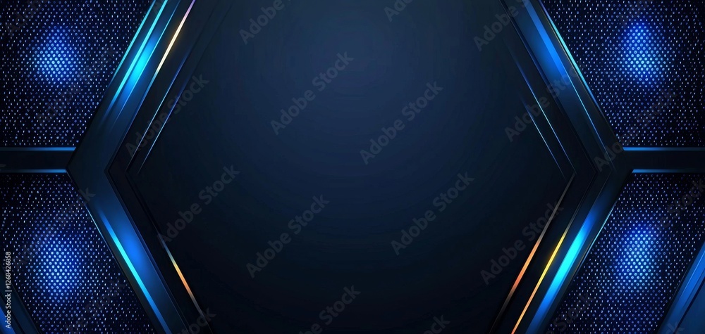Poster abstract futuristic dark background with blue neon lights and hexagonal shapes for technology and de