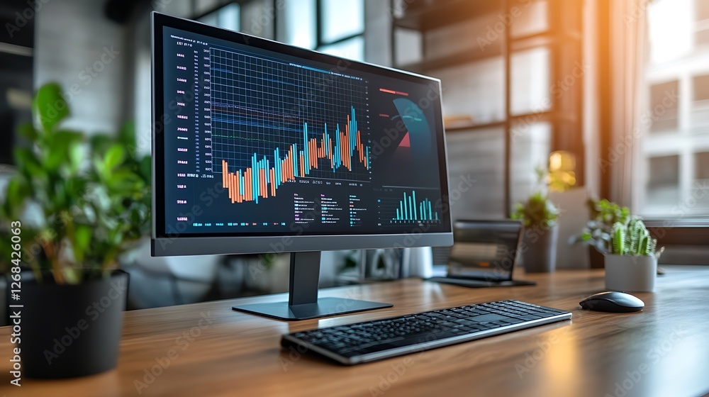 Poster modern workplace computer displays financial data graphs