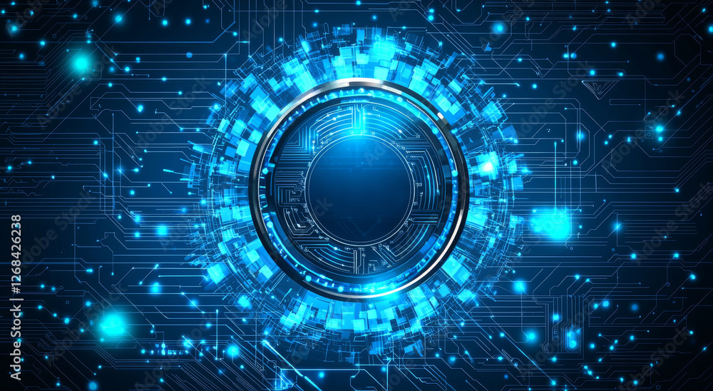 Poster futuristic technological background with abstract glowing blue circles and digital circuit patterns 