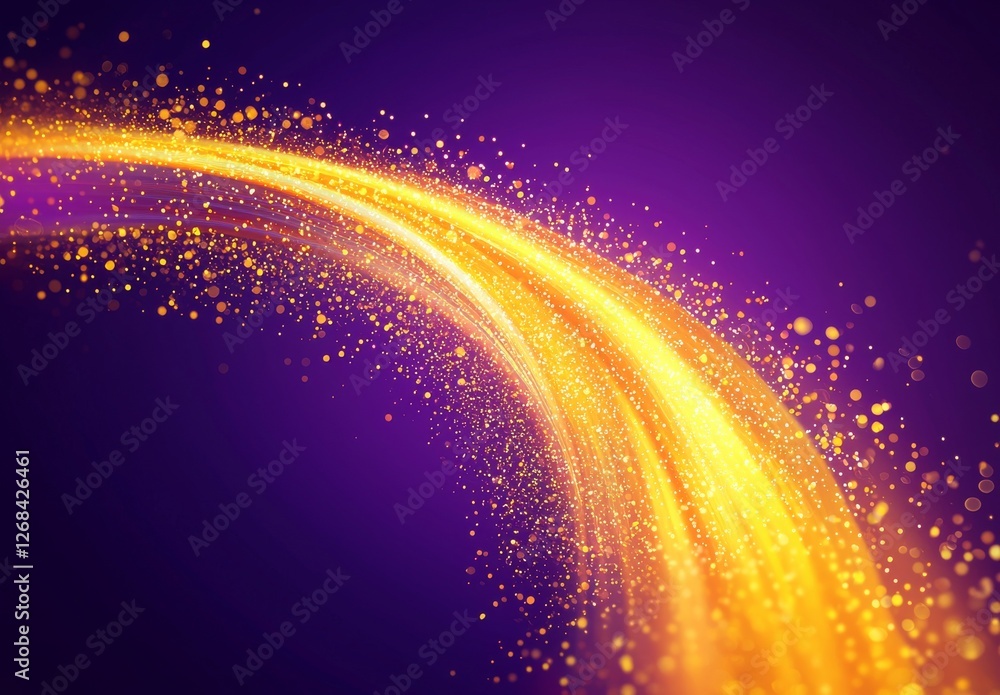 Poster radiant golden particles creating a dynamic path against a deep purple background