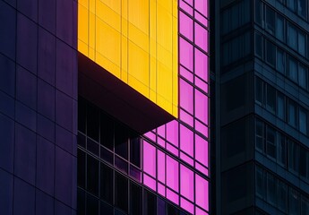 Abstract geometric patterns in modern architecture showcasing bright colors of yellow and purple against dark surfaces