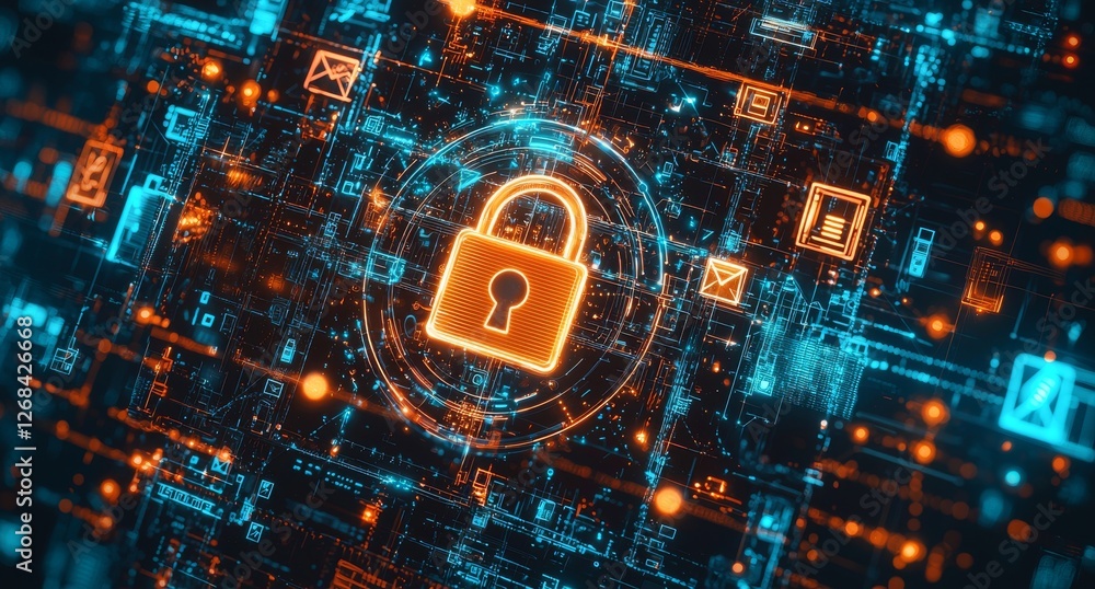 Aufkleber futuristic digital lock icon surrounded by data encryption symbols and technology elements in blue a