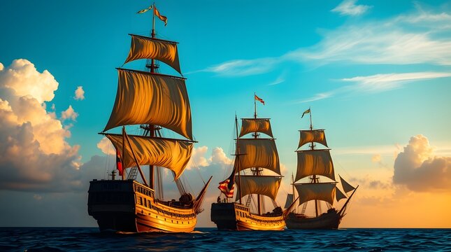 High-resolution stock photo Dramatic cinematic style image of Christopher Columbus's ships sailing under a vast blue sky at golden hour.