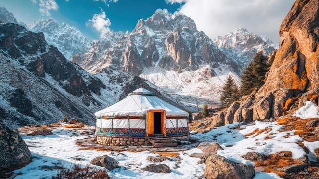Scenic yurt nestled in snowy mountains.