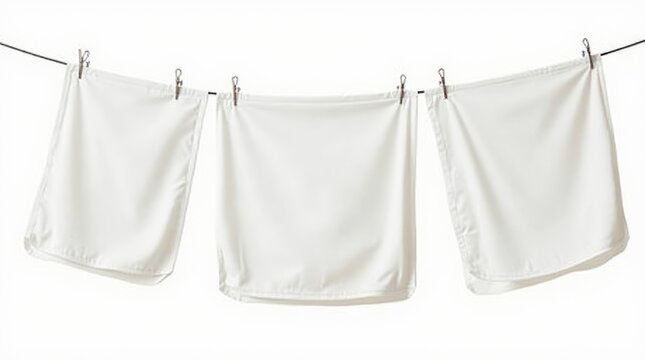 Fraldas brancas de tecido, penduradas em um varal de roupas, fundo branco