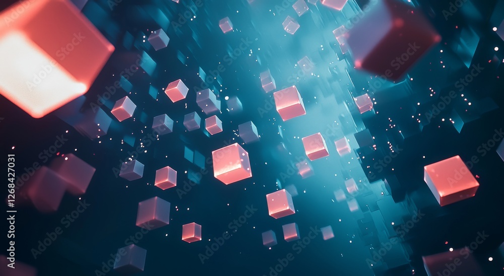 Poster abstract 3d floating cubes in a dreamlike blue digital environment with glowing particles