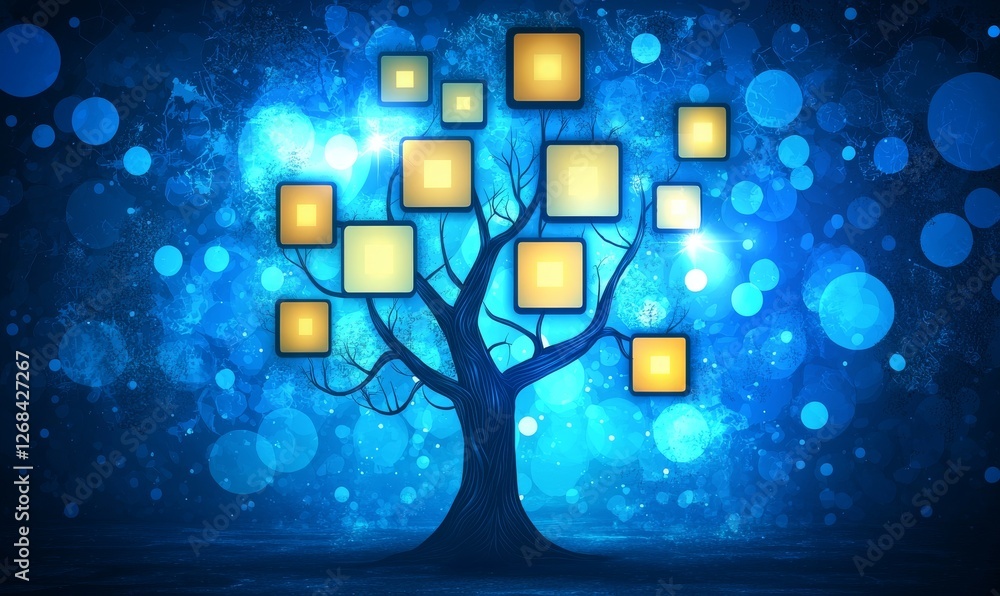 Poster abstract blue tree with bright squares, artistic background with glowing effects and bokeh lights