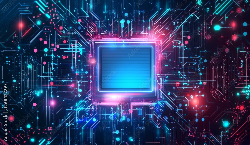 Poster futuristic digital circuit background with colorful neon lights and abstract patterns for technology