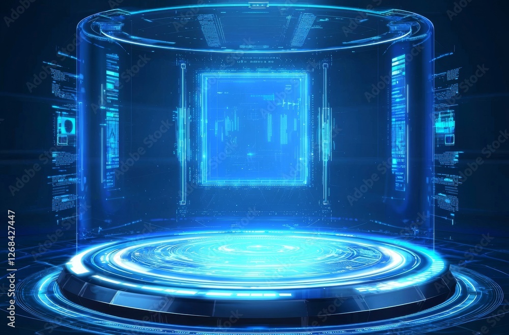 Poster futuristic technology interface with holographic display and digital data elements in cyber space