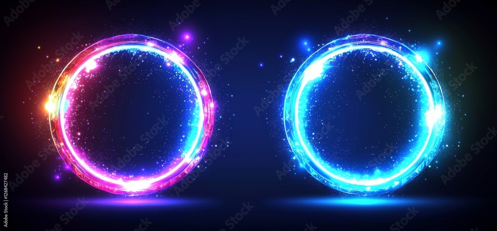 Poster colorful glowing circular frames with sparkling light effects on dark background for modern design p