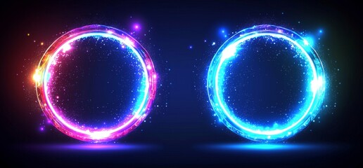 Obraz premium Colorful glowing circular frames with sparkling light effects on dark background for modern design projects